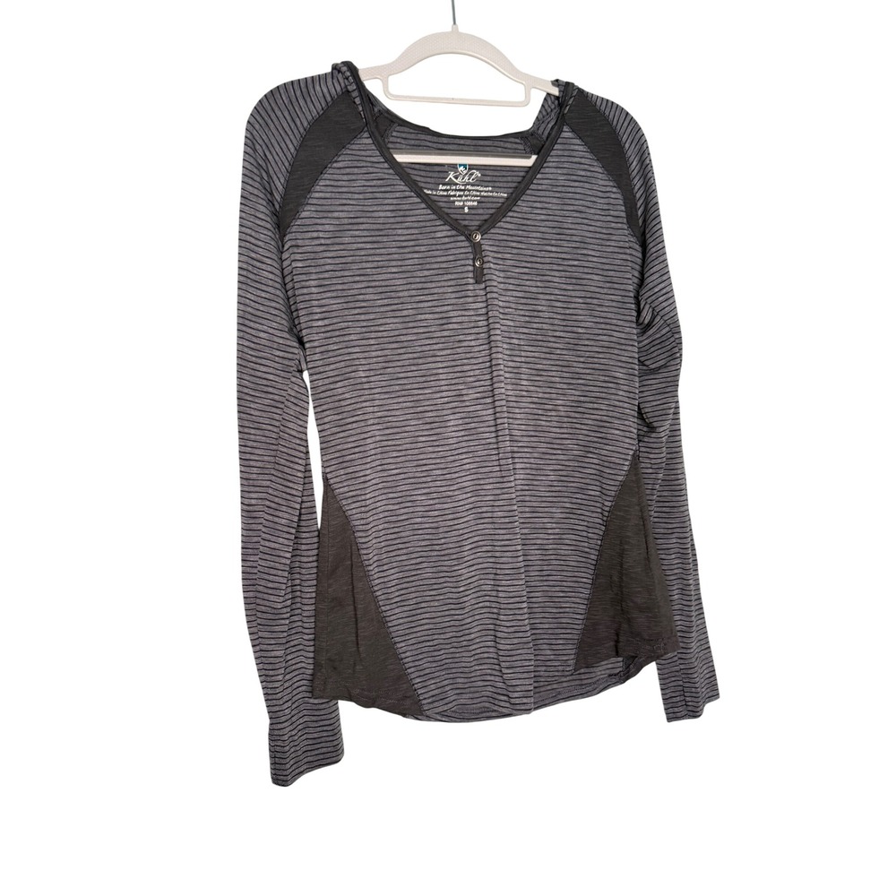 Kuhl grey striped long sleeve v-neck shirt